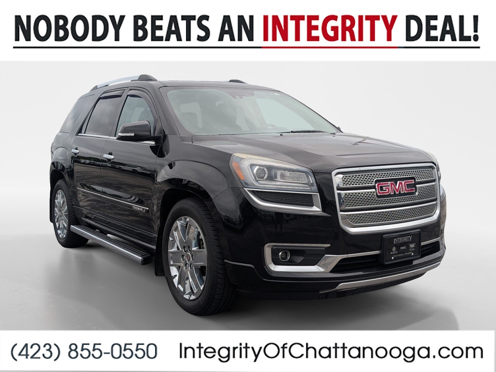2016 GMC Acadia Denali in Ebony Twilight Metallic — front three-quarter view